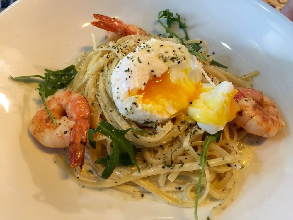 Prawn and poached egg pasta